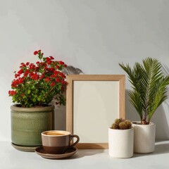 A minimalist scene featuring a blank frame, plants, and coffee