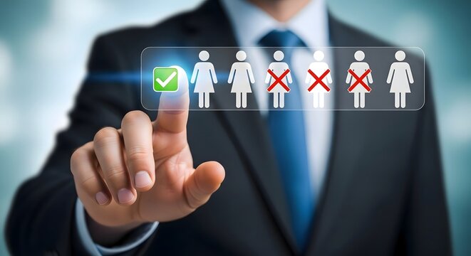 A businessman selecting a candidate with a green checkmark and rejecting others with red crosses