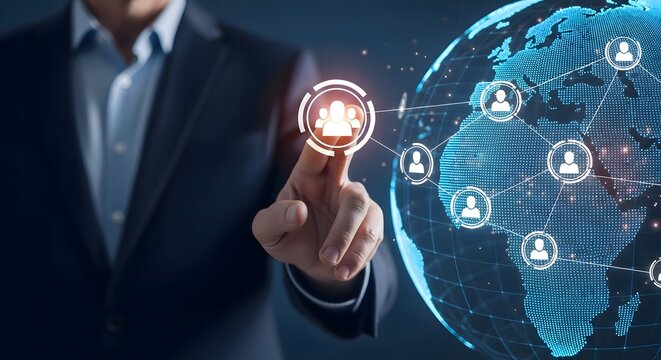 A businessman touching a global network icon on a digital earth with connected people icons - Powered by Adobe