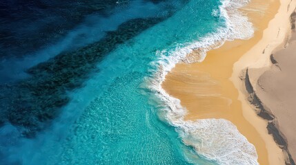 High Angle View Of Sparkling Turquoise Ocean Waves On Sandy Beach