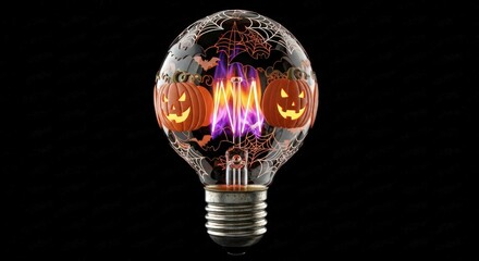 Halloween themed lightbulb with pumpkins and spiderwebs on black background