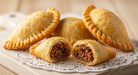 Golden Baked Empanadas with Savory Ground Meat Filling on Doily