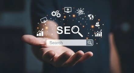 A hand holding seo concept with search bar and icons representing digital marketing strategy tools