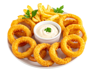 Plate of golden onion rings and french fries with creamy sauce