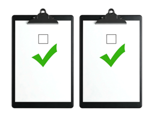 Two black clipboards with green checkmarks on white paper