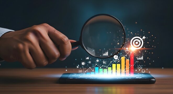 A hand holding a magnifying glass over a smartphone displaying a rising bar graph and target icon