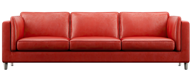 Red leather three-seater sofa with modern, minimalist design and metallic legs