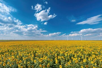 Fototapeta premium Vast sunflower field with wind turbines