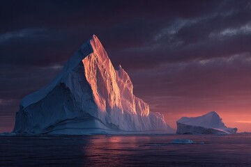 Iceberg bathed in vibrant sunset hues