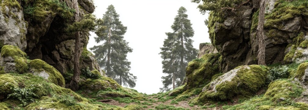 Misty mountain pass lined with mossy rocks and tall trees