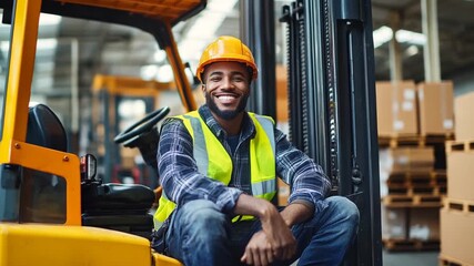 Portrait of a Cheerful Black Warehouse Worker on a Forklift. - Powered by Adobe
