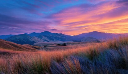 Sunrise over a grassy mountain valley