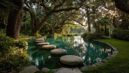 Serene water garden pathway. Lush trees and lush greenery border a tranquil pool.  Large, smooth stones form a walkway across the water.  Soft sunlight filters through the canopy