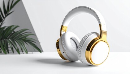 Stylish white headphones adorned with gold accents rest on a clean white surface with tropical green foliage framing the left side of the composition