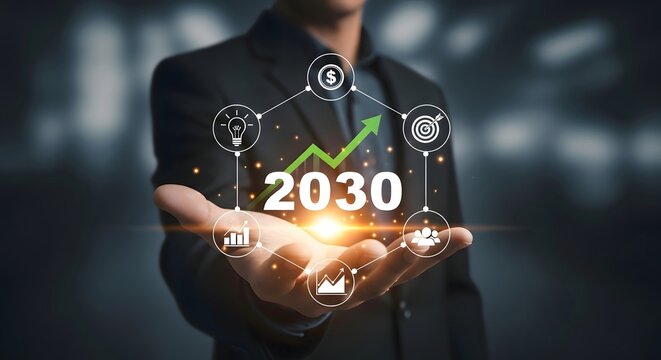 A person holding the year 2030 with an upward arrow and icons representing business growth on hand