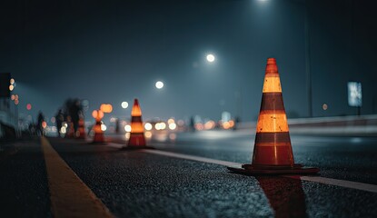 Night road construction cones