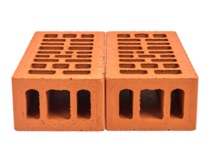 Two terracotta building bricks, side-by-side, showing hollow rectangular cavities