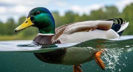 Close up of a Mallard Duck Swimming with Unique Half underwater Perspective