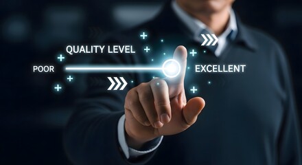 A person interacting with a quality level interface with poor to excellent rating scale shown on screen