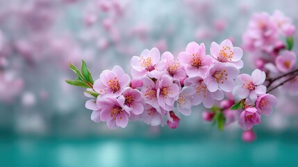 Close Up of Pink Cherry Blossoms with Dew Drops Against Blurred Turquoise Background in Soft Light Springtime Bloom