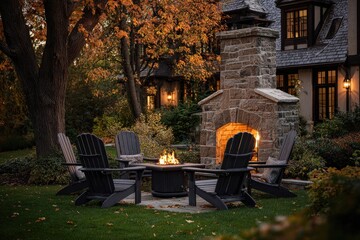 Outdoor fire pit with Adirondack chairs at twilight