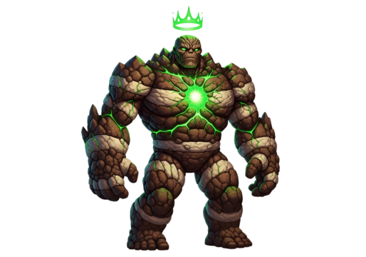 A powerful, rocky creature stands out against a dark background, its body adorned with intricate textures and glowing green accents.