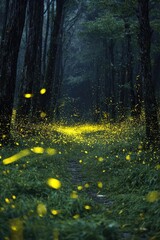 Firefly path in a dark forest
