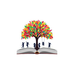 Children playing under colorful tree growing from open book kids leaves reading education school learning swing illustration graphic