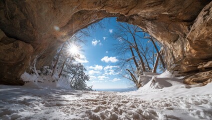 Sunlit cave opening in snowy landscape