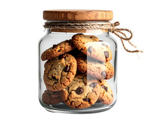 Clear glass jar filled with chocolate chip cookies, light brown wooden lid, and twine