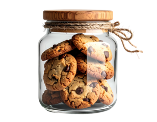 Clear glass jar filled with chocolate chip cookies, light brown wooden lid, and twine