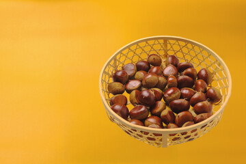 竹かごに入った栗　黄色い背景

Chestnuts in a bamboo basket on yellow background