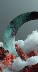 Abstract landscape with a teal-toned crescent moon shape.  Layered mountains, clouds, and a painted crescent arc, creating a surreal, ethereal scene