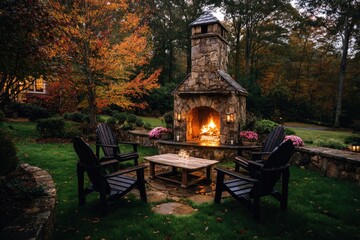 Outdoor fireplace with Adirondack chairs in autumn