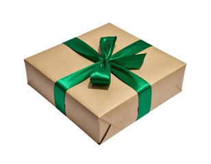 Square kraft paper gift box tied with emerald green ribbon