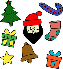 Colorful christmas icon set santa tree gift bell star