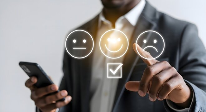 Man in suit using smartphone to select happy face icon on a virtual feedback interface screen