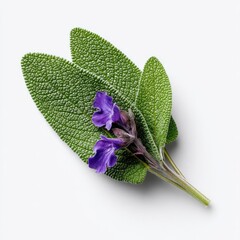 Close-up of fresh sage leaves with purple blossoms
