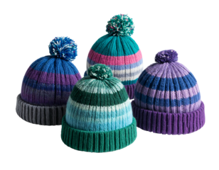 Four colorful striped knit hats with pom-poms