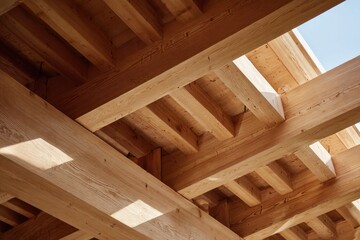 Wooden beams crisscrossing under a bright sky