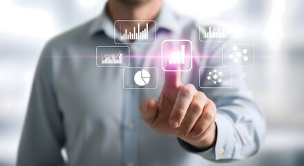 Man interacting with virtual data interface using touch screen technology for data analysis