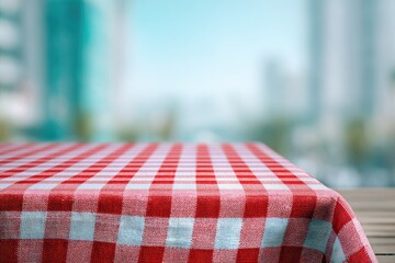 Red and white checkered tablecloth on a table, outdoor city view