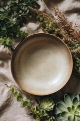 Empty light-brown ceramic bowl surrounded by greenery on beige linen