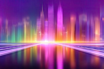 Neon cityscape at night.  Vibrant, stylized cityscapes reflected in a wet road.  Bright,  colorful  neon lights blur into streaks.  Towering buildings,  glowing,  vivid hues