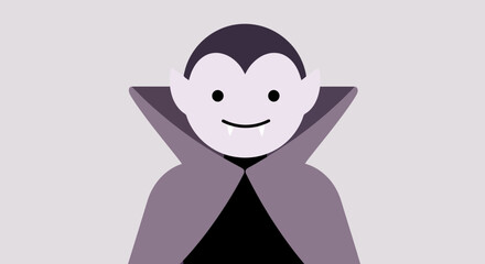 Minimalist Vampire Character Illustration with Classic Features and Smiling Expression for Halloween-Themed Content, Children's Books, and Spooky Season Marketing