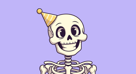 Cartoon Skeleton Celebrating with a Party Hat for Halloween or Birthday Invitations and Animated Social Media Content, Ideal for Festive Events