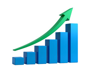 3D graphic of a rising bar graph with a green arrow