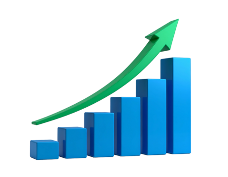 3D graphic of a rising bar graph with a green arrow