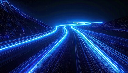 Night road with glowing blue light trails
