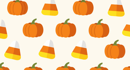 Festive Halloween Pattern Featuring Pumpkins and Candy Corn for Seasonal Decorations, Party Invitations, and Autumn-themed Designs, perfectly aligned with Adobe Stock's commercial use standards